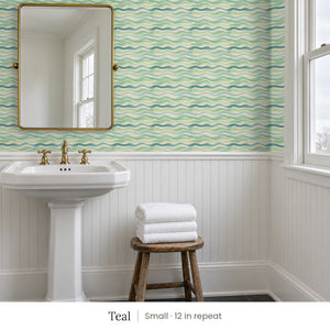 Lyme Teal peel and stick wallpaper, small 12 in repeat, in a bathroom with a pedestal sink and white beadboard