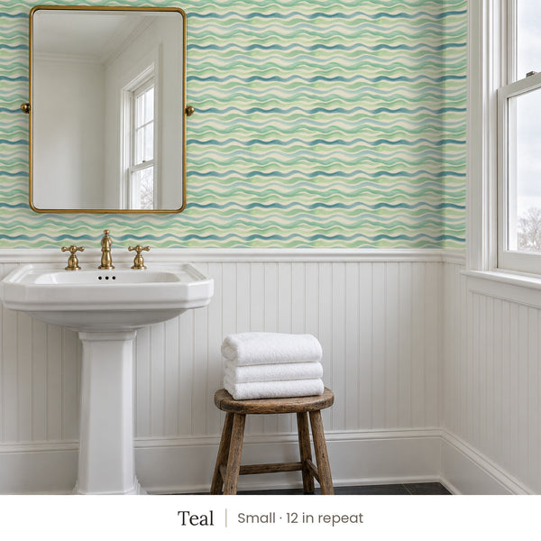Lyme Teal peel and stick wallpaper, small 12 in repeat, in a bathroom with a pedestal sink and white beadboard