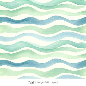 Lyme wallpaper in Teal, large 24 in repeat, watercolor waves in teal, green and pale yellow on cream