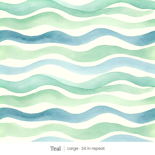 Lyme wallpaper in Teal, large 24 in repeat, watercolor waves in teal, green and pale yellow on cream