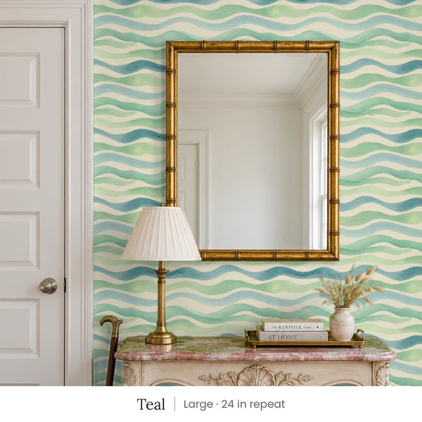 Lyme Teal peel and stick wallpaper, large 24 in repeat, in an entry with a gold mirror and a carved console
