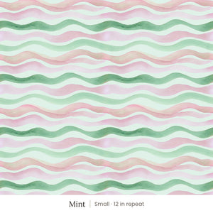 Lyme wallpaper in Mint, small 12 in repeat, watercolor waves in mint green and soft pink