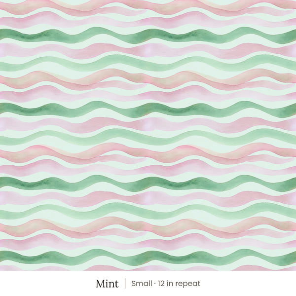 Lyme wallpaper in Mint, small 12 in repeat, watercolor waves in mint green and soft pink