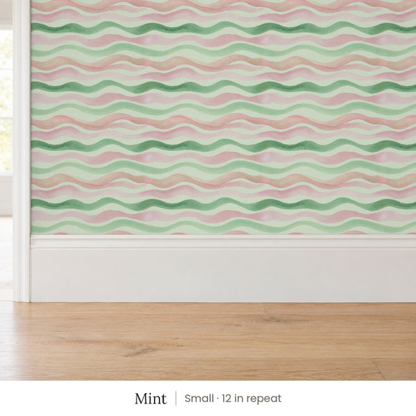 Lyme Mint peel and stick wallpaper, small 12 in repeat, above a white baseboard and oak floor