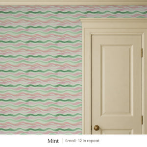 Lyme Mint peel and stick wallpaper, small 12 in repeat, beside a cream panel door