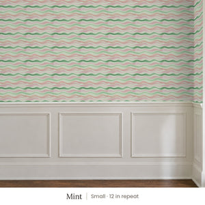 Lyme Mint peel and stick wallpaper, small 12 in repeat, above white panel wainscoting