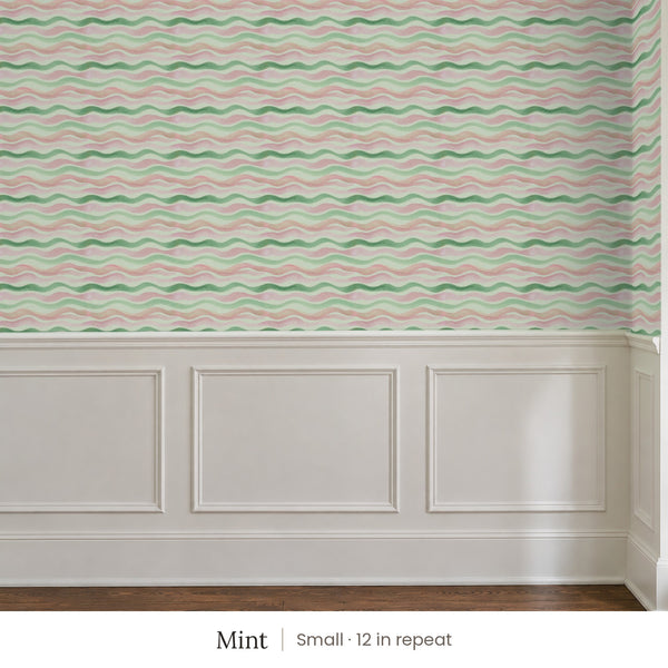 Lyme Mint peel and stick wallpaper, small 12 in repeat, above white panel wainscoting