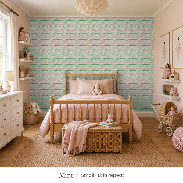 Lyme Mint peel and stick wallpaper, small 12 in repeat, in a girl's bedroom with a spindle bed and a doll stroller