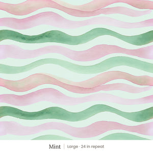 Lyme wallpaper in Mint, large 24 in repeat, watercolor waves in mint green and soft pink