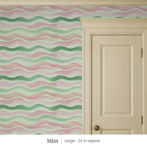 Lyme Mint peel and stick wallpaper, large 24 in repeat, beside a cream panel door