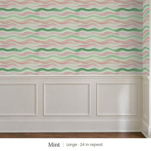 Lyme Mint peel and stick wallpaper, large 24 in repeat, above white panel wainscoting