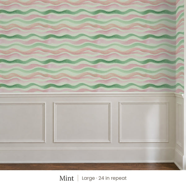 Lyme Mint peel and stick wallpaper, large 24 in repeat, above white panel wainscoting
