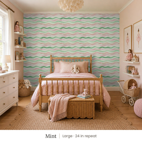 Lyme Mint peel and stick wallpaper, large 24 in repeat, in a girl's bedroom with a spindle bed and a doll stroller