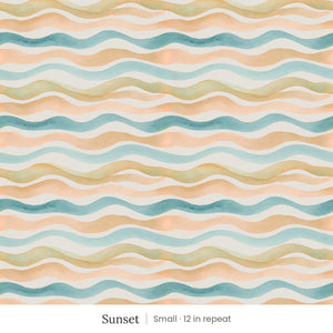 Lyme wallpaper in Sunset, small 12 in repeat, watercolor waves in peach, teal and gold on cream