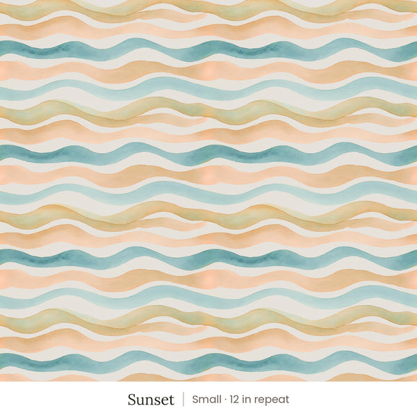 Lyme wallpaper in Sunset, small 12 in repeat, watercolor waves in peach, teal and gold on cream