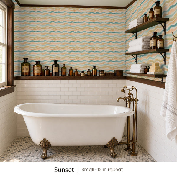 Lyme Sunset peel and stick wallpaper, small 12 in repeat, in a bathroom with a clawfoot tub and open shelves