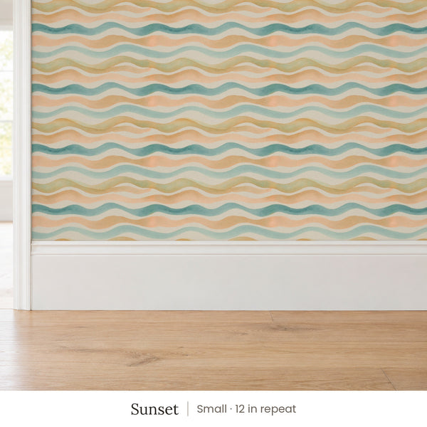 Lyme Sunset peel and stick wallpaper, small 12 in repeat, above a white baseboard and oak floor