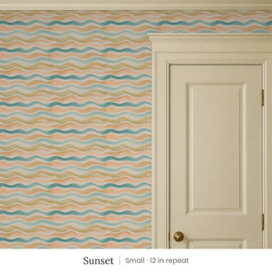 Lyme Sunset peel and stick wallpaper, small 12 in repeat, beside a cream panel door