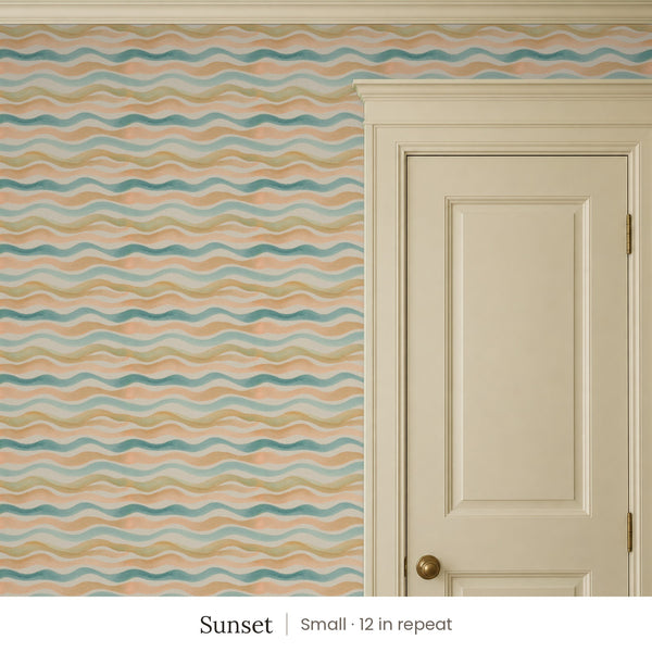 Lyme Sunset peel and stick wallpaper, small 12 in repeat, beside a cream panel door