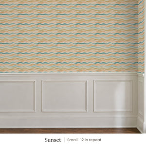 Lyme Sunset peel and stick wallpaper, small 12 in repeat, above white panel wainscoting
