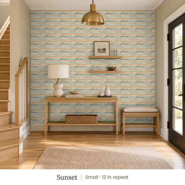 Lyme Sunset peel and stick wallpaper, small 12 in repeat, in an entry with a console table beside the stairs