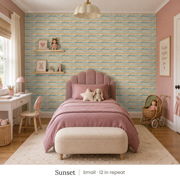 Lyme Sunset peel and stick wallpaper, small 12 in repeat, in a girl's bedroom with a pink scalloped bed and a small desk