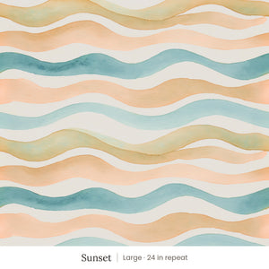 Lyme wallpaper in Sunset, large 24 in repeat, watercolor waves in peach, teal and gold on cream
