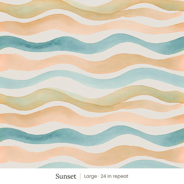 Lyme wallpaper in Sunset, large 24 in repeat, watercolor waves in peach, teal and gold on cream