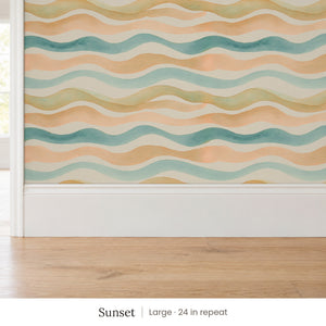Lyme Sunset peel and stick wallpaper, large 24 in repeat, above a white baseboard and oak floor