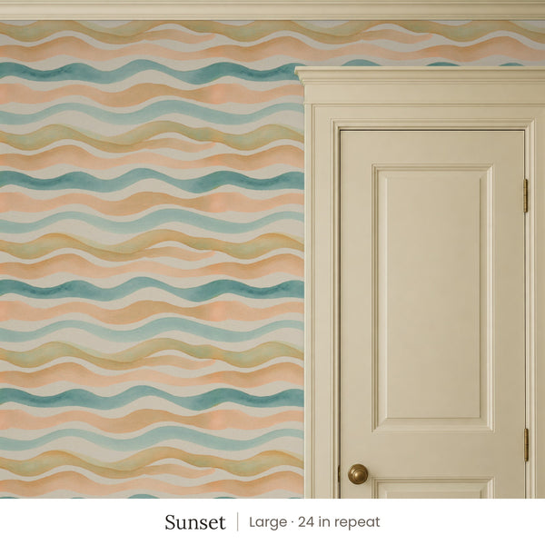 Lyme Sunset peel and stick wallpaper, large 24 in repeat, beside a cream panel door