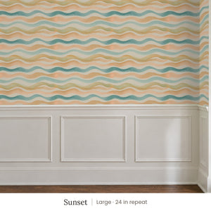 Lyme Sunset peel and stick wallpaper, large 24 in repeat, above white panel wainscoting