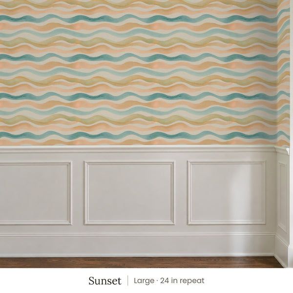 Lyme Sunset peel and stick wallpaper, large 24 in repeat, above white panel wainscoting