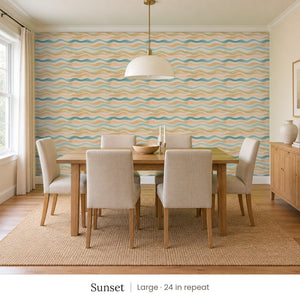 Lyme Sunset peel and stick wallpaper, large 24 in repeat, in a dining room with an oak table and linen chairs