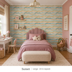 Lyme Sunset peel and stick wallpaper, large 24 in repeat, in a girl's bedroom with a pink scalloped bed and a small desk