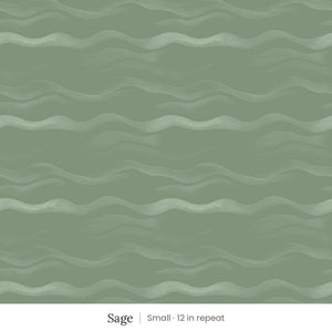 Lyme wallpaper in Sage, small 12 in repeat, soft tonal waves on a sage green ground