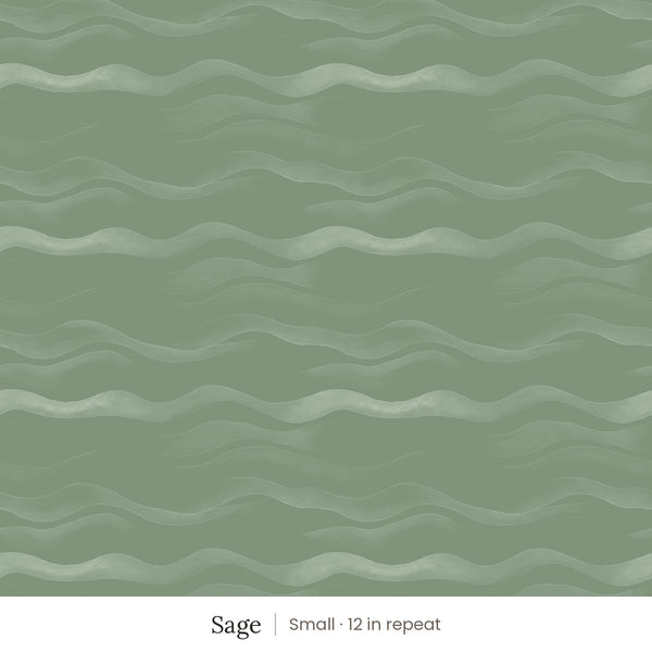 Lyme wallpaper in Sage, small 12 in repeat, soft tonal waves on a sage green ground