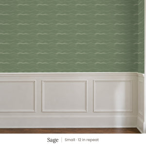 Lyme Sage peel and stick wallpaper, small 12 in repeat, above white panel wainscoting