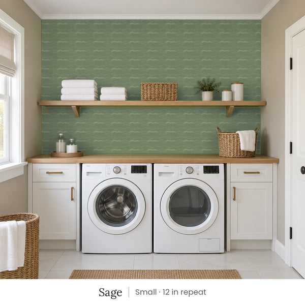Lyme Sage peel and stick wallpaper, small 12 in repeat, in a laundry room with white cabinets and open shelves