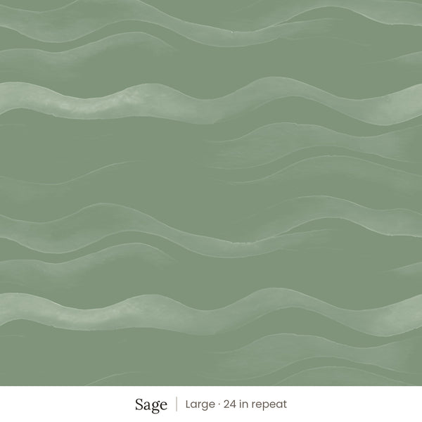 Lyme wallpaper in Sage, large 24 in repeat, soft tonal waves on a sage green ground