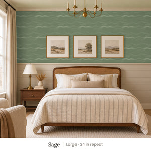 Lyme Sage peel and stick wallpaper, large 24 in repeat, in a bedroom with shiplap paneling and framed landscape prints