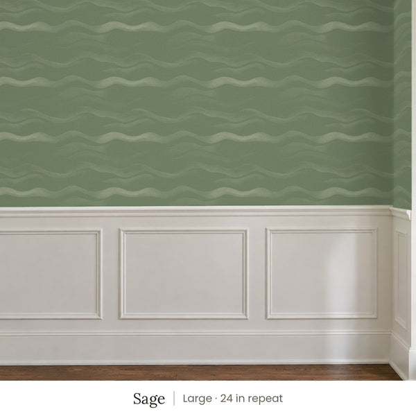 Lyme Sage peel and stick wallpaper, large 24 in repeat, above white panel wainscoting