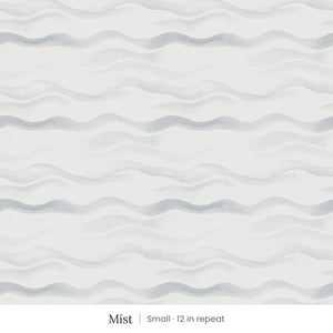 Lyme wallpaper in Mist, small 12 in repeat, soft grey blue watercolor waves on white