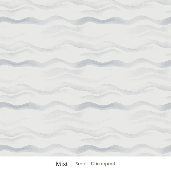 Lyme wallpaper in Mist, small 12 in repeat, soft grey blue watercolor waves on white