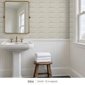 Lyme Mist peel and stick wallpaper, small 12 in repeat, in a bathroom with a pedestal sink and white beadboard