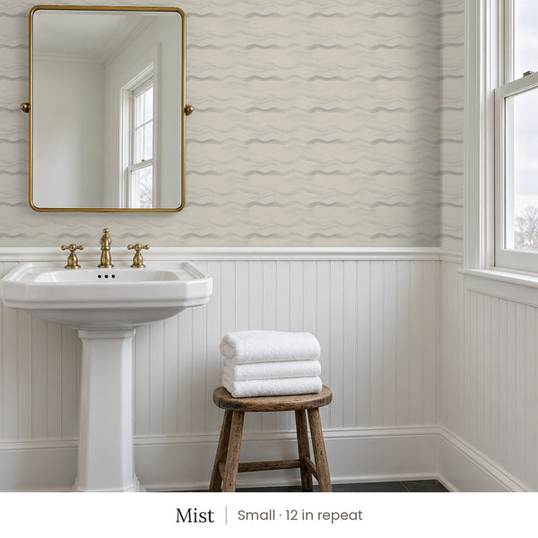Lyme Mist peel and stick wallpaper, small 12 in repeat, in a bathroom with a pedestal sink and white beadboard