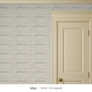 Lyme Mist peel and stick wallpaper, small 12 in repeat, beside a cream panel door