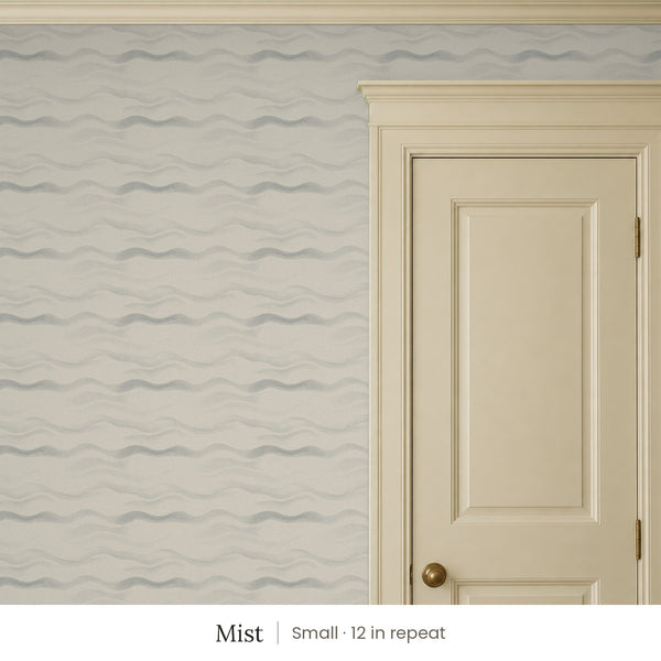 Lyme Mist peel and stick wallpaper, small 12 in repeat, beside a cream panel door