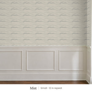 Lyme Mist peel and stick wallpaper, small 12 in repeat, above white panel wainscoting