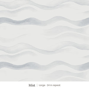 Lyme wallpaper in Mist, large 24 in repeat, soft grey blue watercolor waves on white