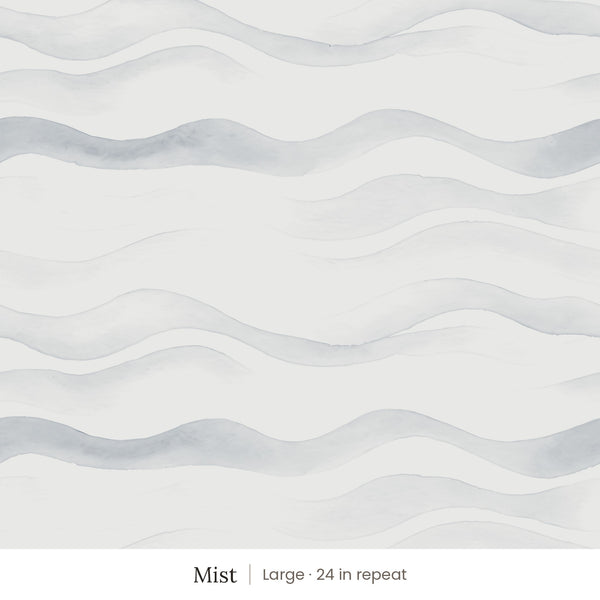 Lyme wallpaper in Mist, large 24 in repeat, soft grey blue watercolor waves on white